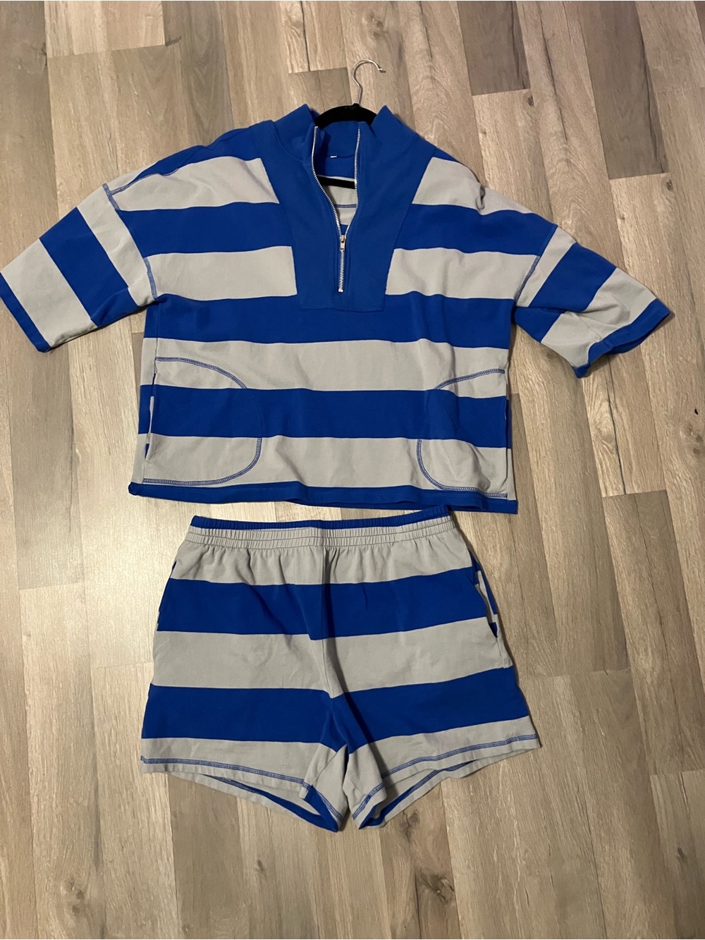 Blue and Gray Striped Two-Piece Set